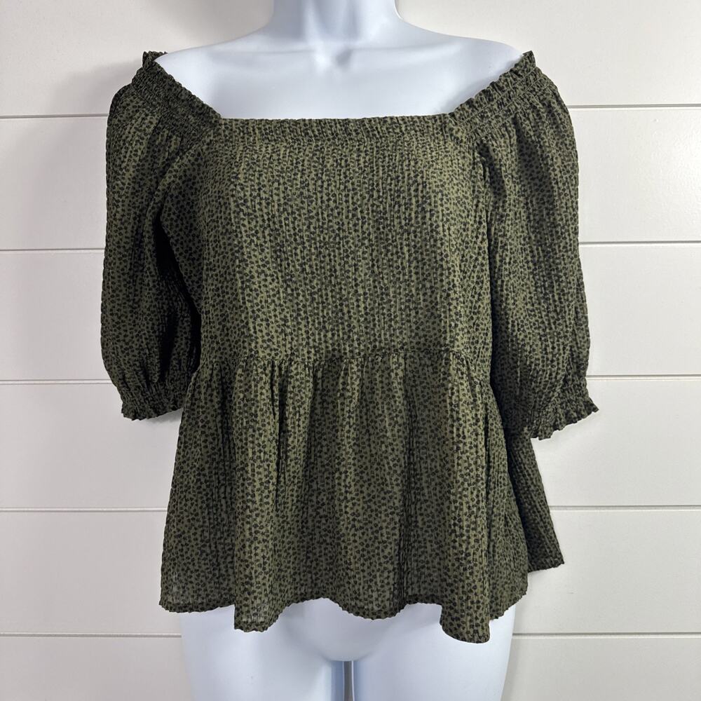 LOFT Blouse Shirt Off The Shoulder Crinkle Olive Green Print sz S